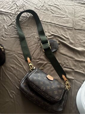 Louis Vuitton Monogram Canvas Multi Pochette with Olive Strap and Tan Trim